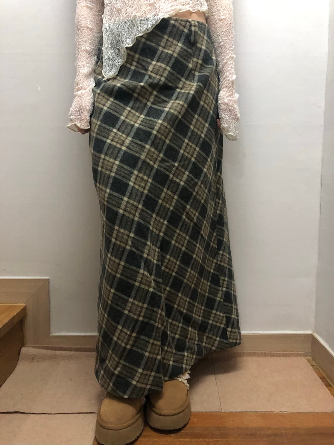빈티지 그린 체크 울 롱 스커트 상품이미지5