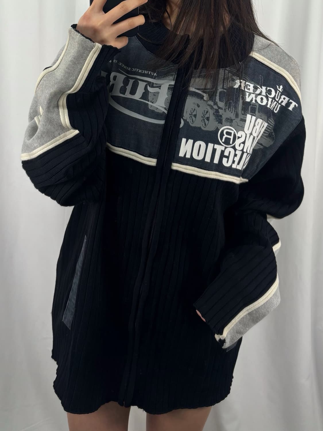 후부 데님 배색 니트 집업 자켓 상품이미지1