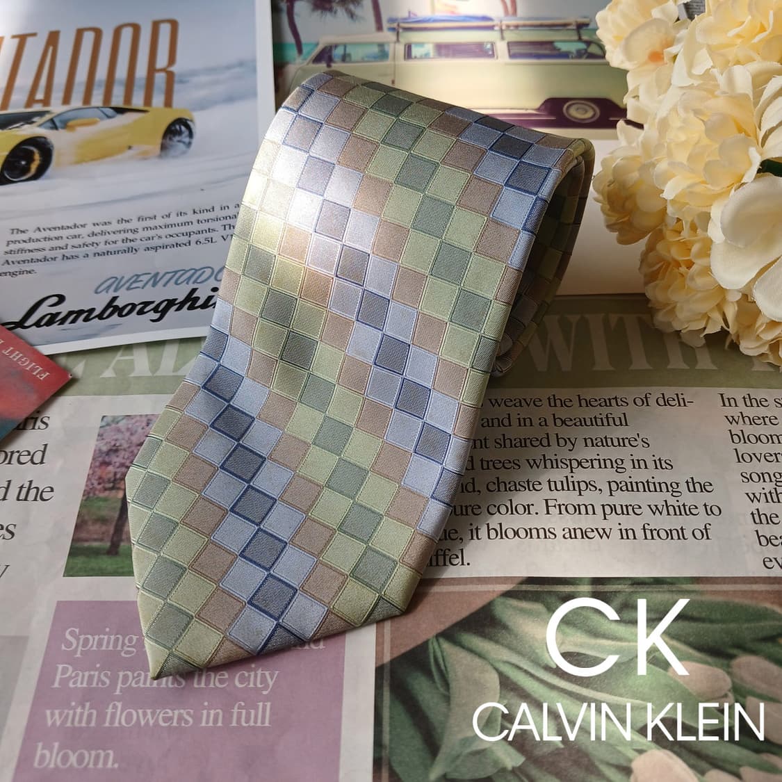 켈빈클라인 실크 그린 체크 넥타이 9.1cm A등급 A19834 상품이미지2