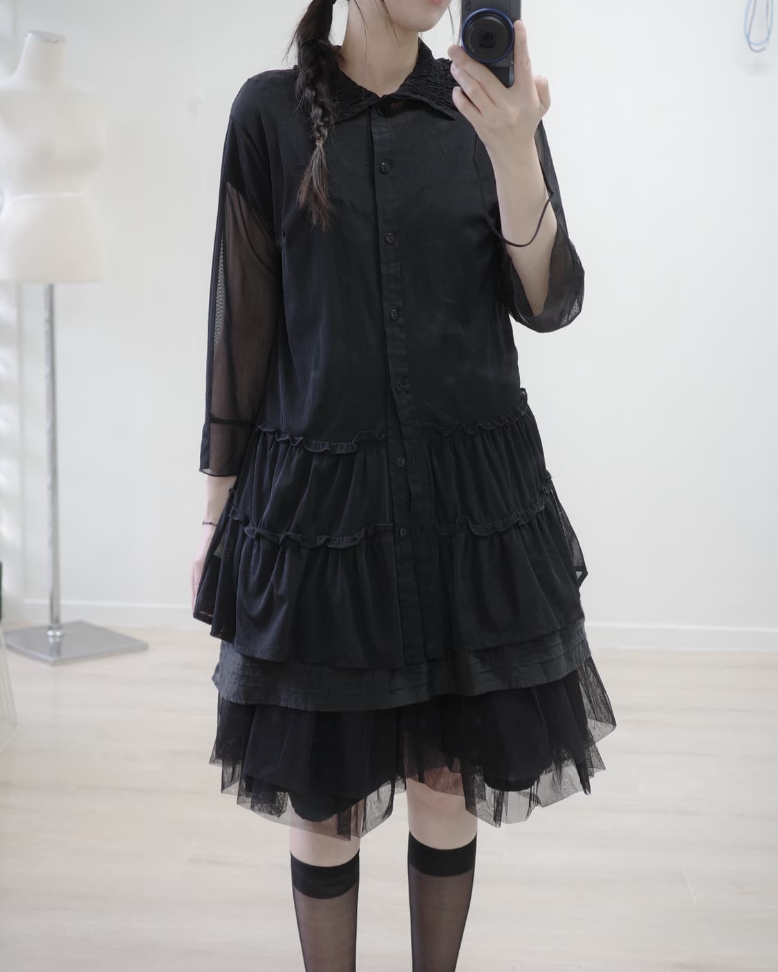 st.helena black see-through frill shirt 상품이미지4