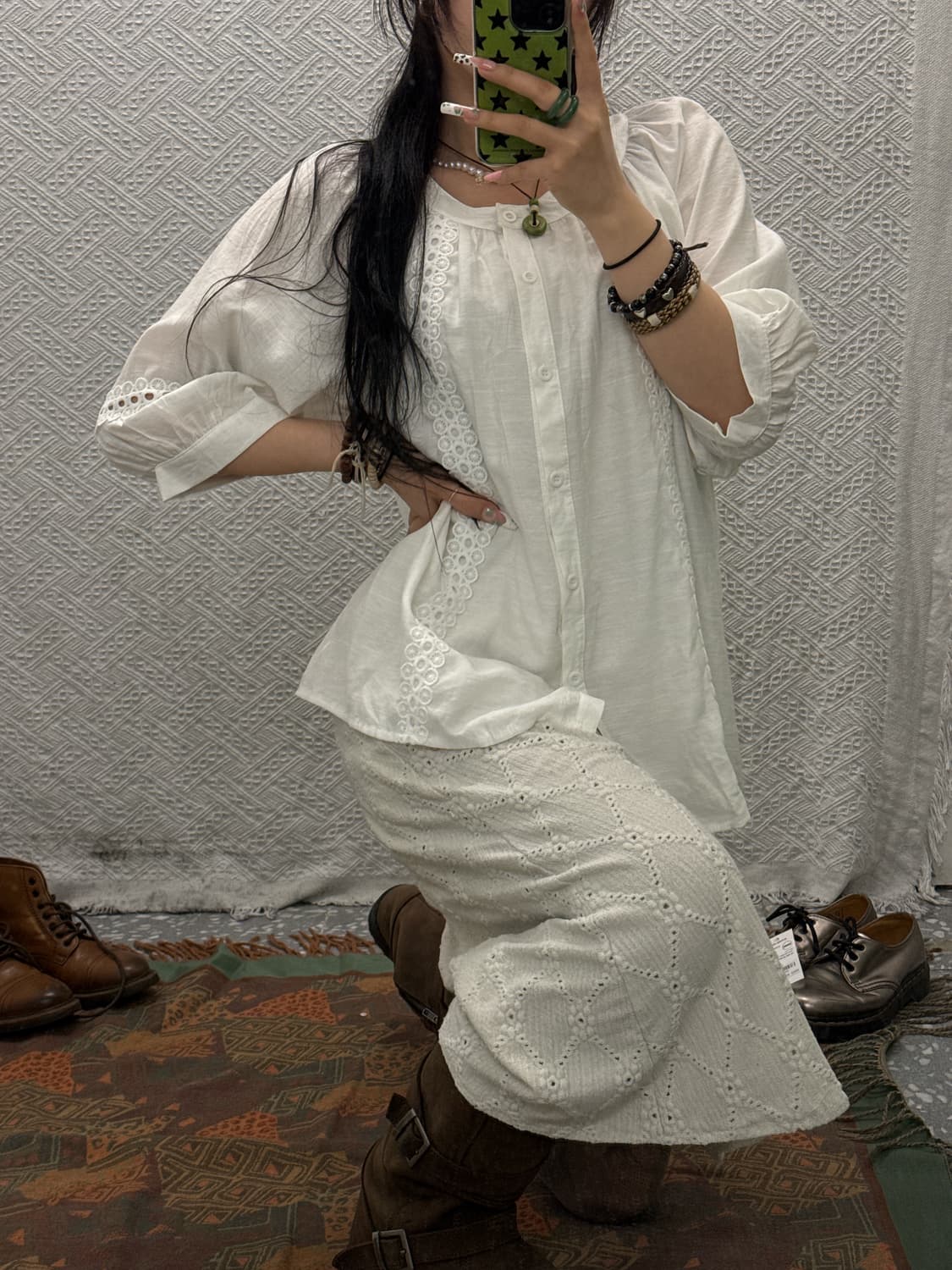 빈티지 레이스 자수 펀칭테이프 코지 블라우스 K0148 상품이미지2