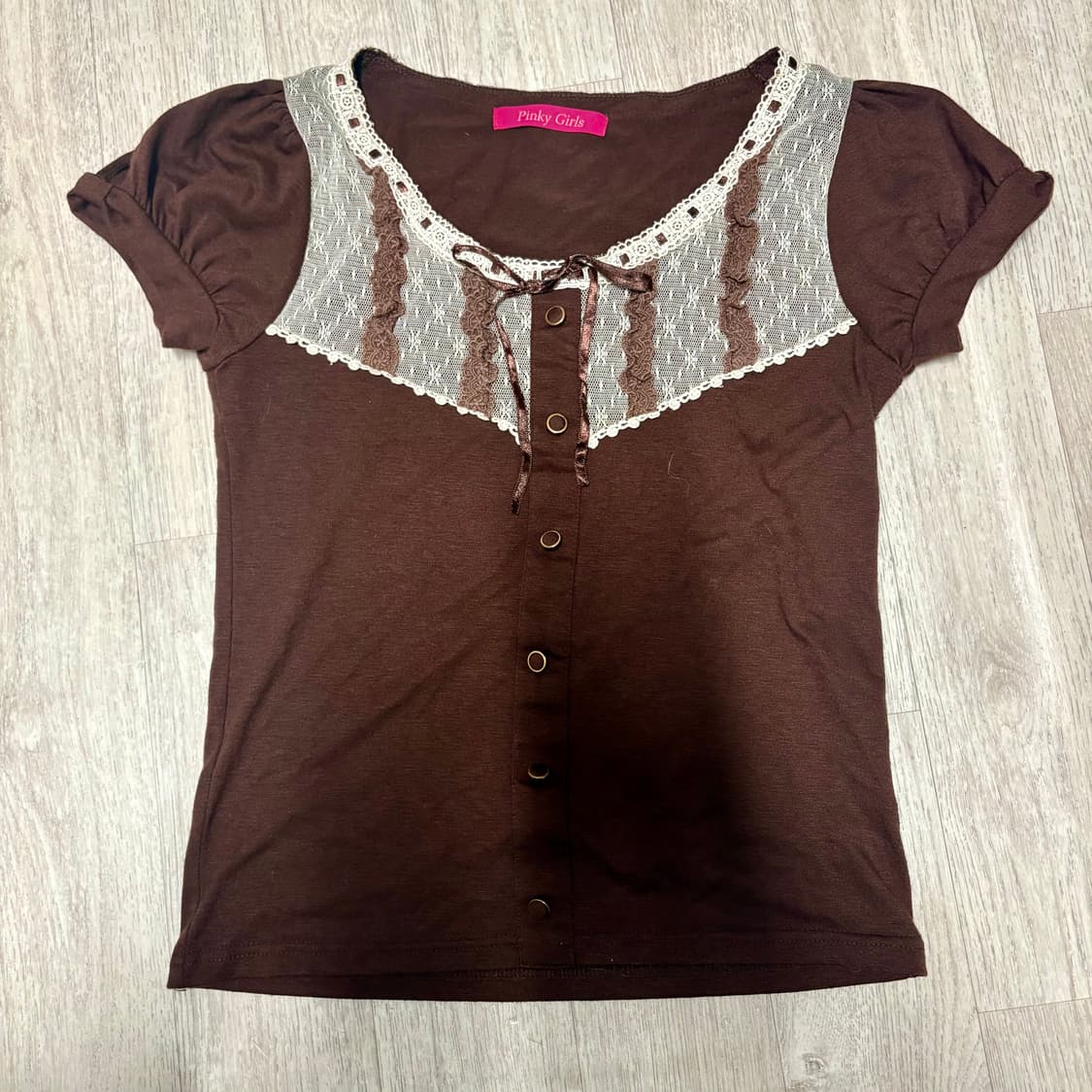 핑키걸스 브라운 레이스 라떼갸루 반팔티  상품이미지1