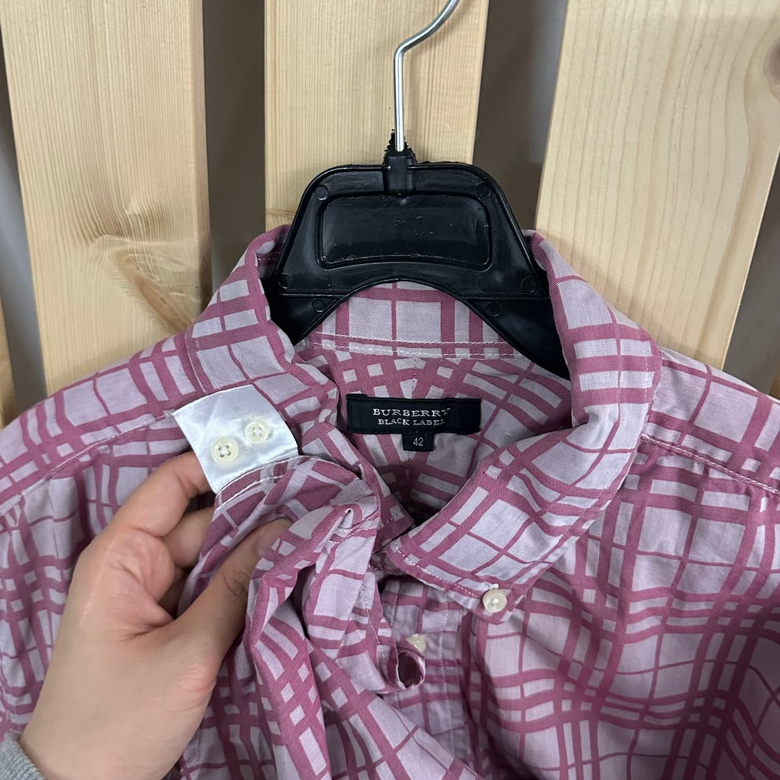 (L) 버버리 블랙라벨 핑크 체크 반팔 셔츠 상품이미지5
