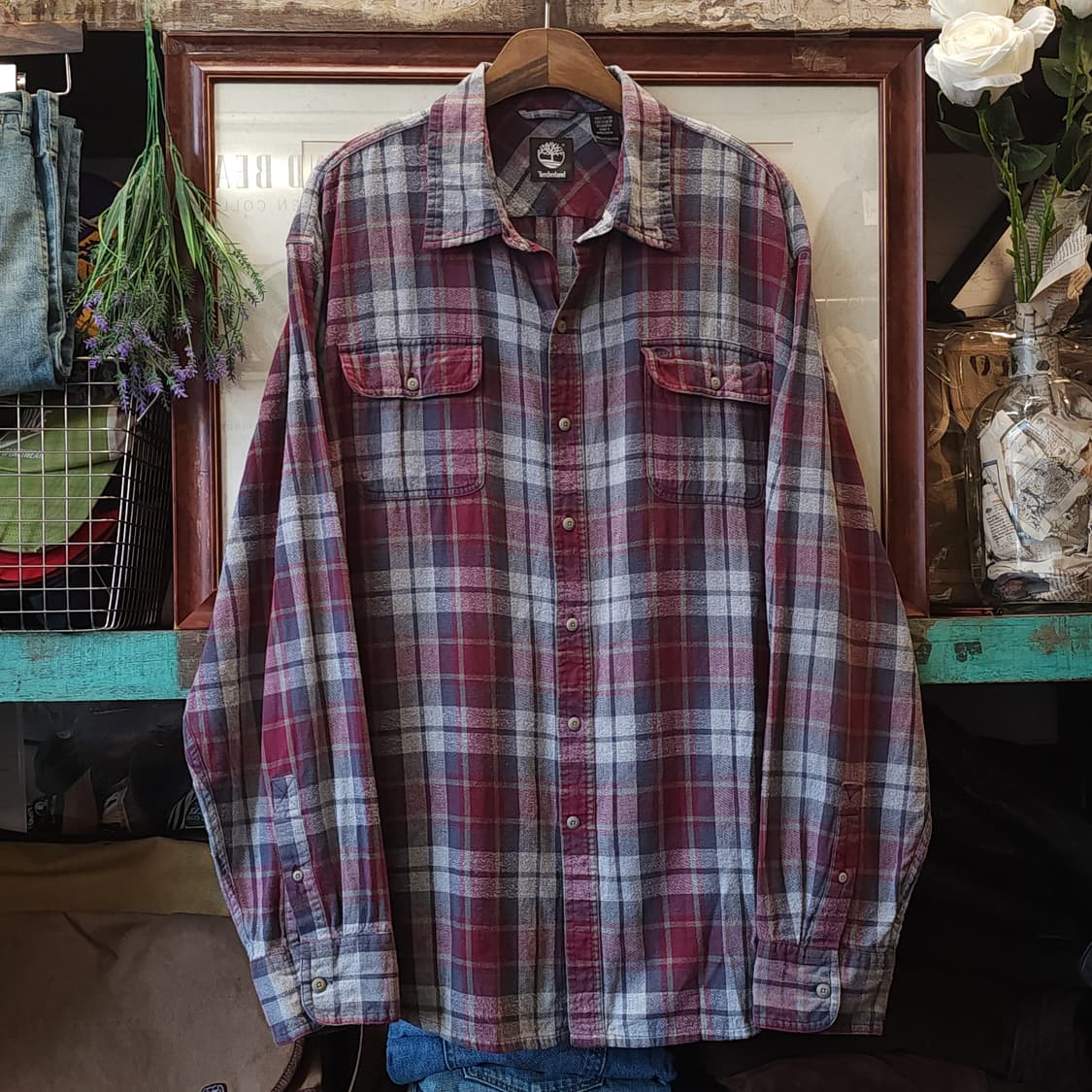 90s 팀버랜드 체크셔츠 플란넬 셔츠 헤비코튼 워크셔츠 버건디 2xl 상품이미지2