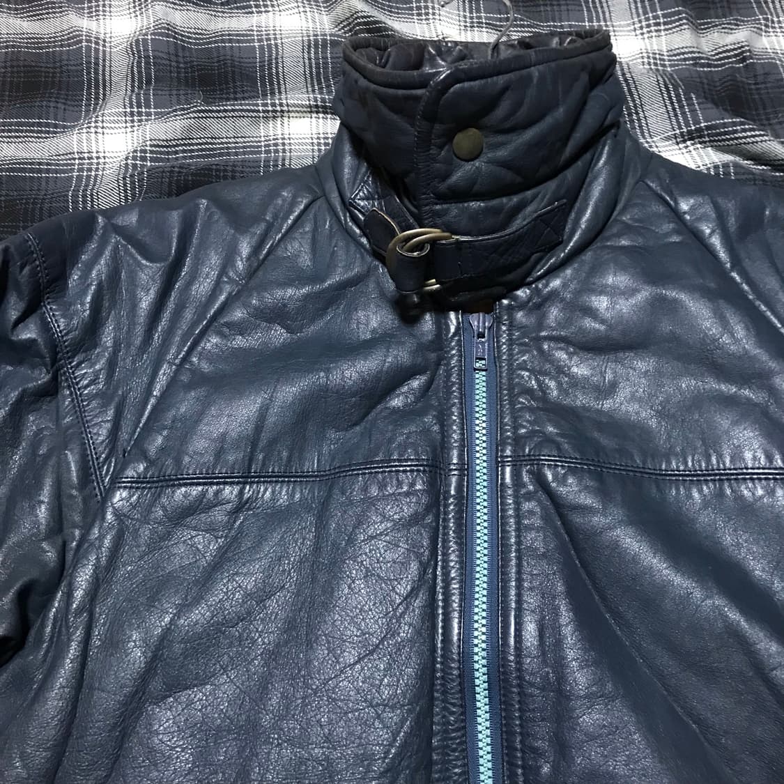 80s 재팬 블루 블랙 리얼레더 가죽 패딩 상품이미지2