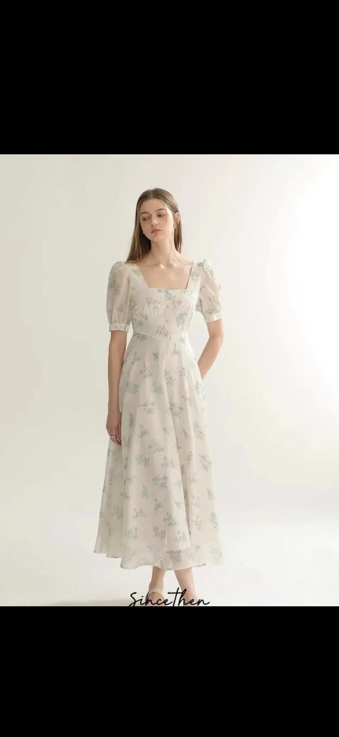 S사이즈) 신스덴 블루 플로랄 글로시 롱원피스 반팔스퀘어넥휴양지여름원피스 상품이미지2