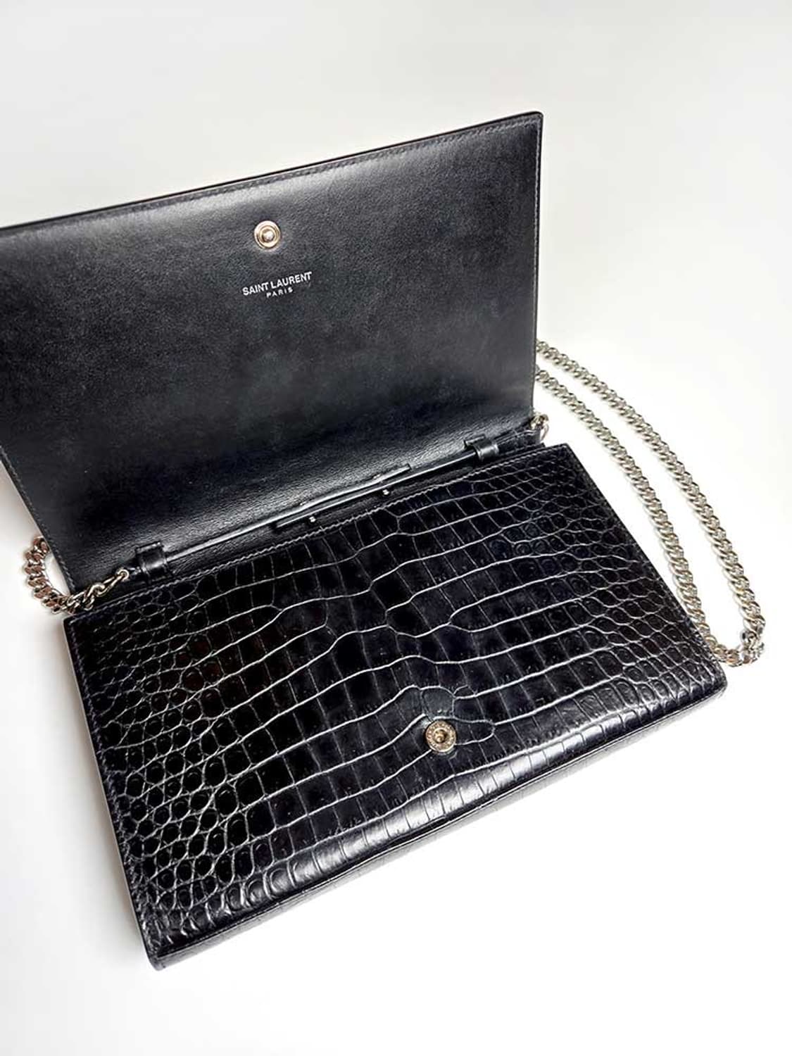 Saint Laurent 생로랑 블랙 크로커다일 케이트 은장 체인 WOC 상품이미지5
