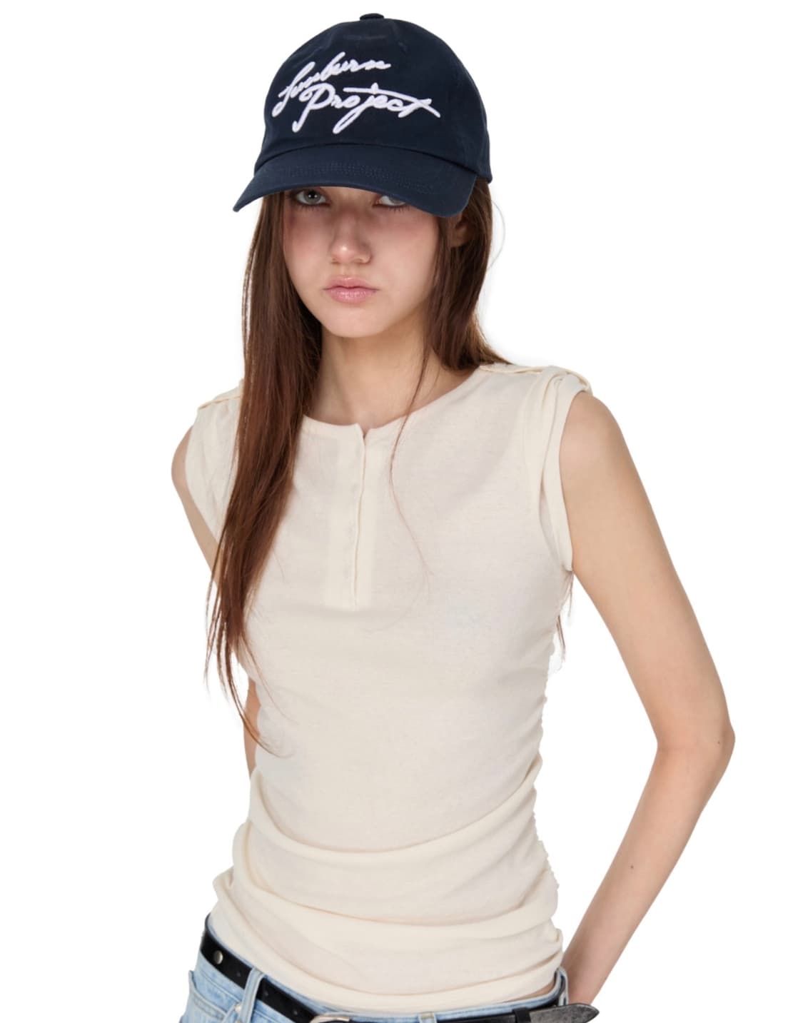 썬번프로젝트 헨리넥 셔링 티셔츠 반팔 아이보리 상품이미지3