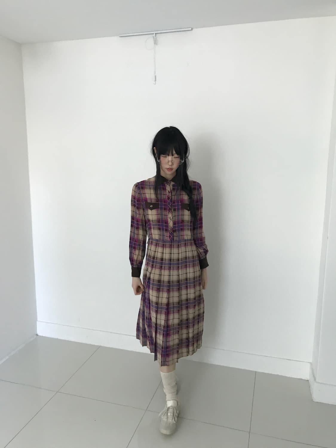 Check collar gold button shirts dress 상품이미지6