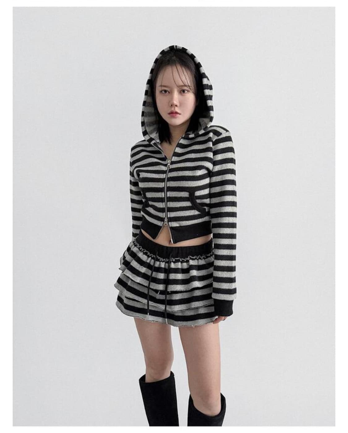 스트라이프 캉캉 치마바지 후드집업 셋업 상품이미지4