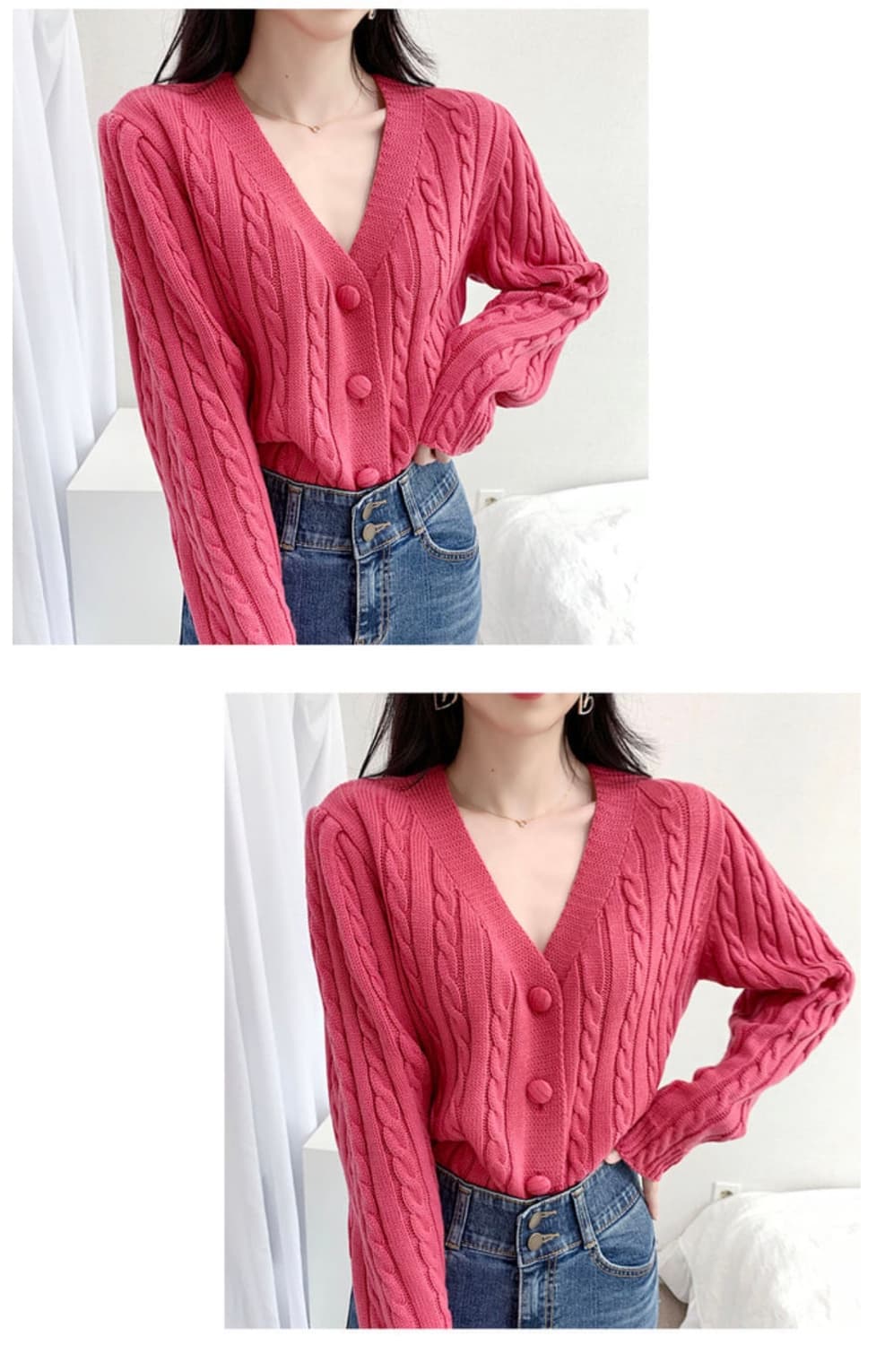 퍼프 꽈배기 브이넥 니트 가디건 상품이미지2