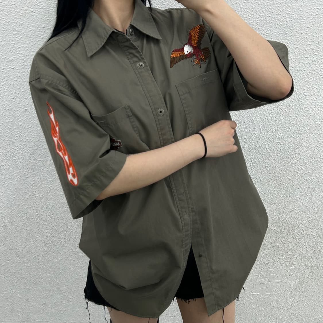할리데이비슨 이글 자수 카키 반팔 셔츠 L 상품이미지2