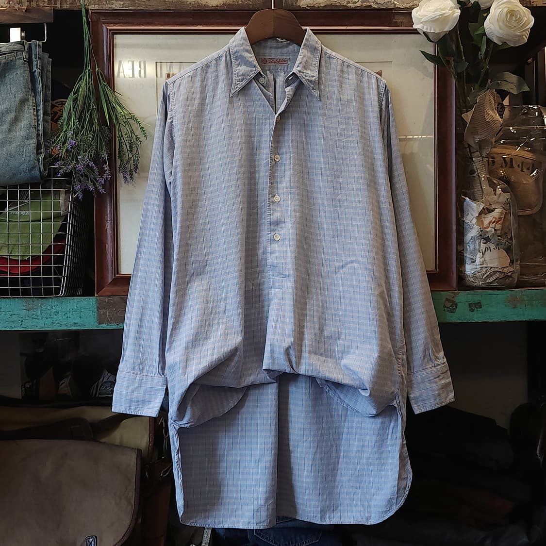 60s 프랑스 워크셔츠 가드너 빈티지 셔츠 스카이 블루 롱 튜닉 셔츠 m 상품이미지2