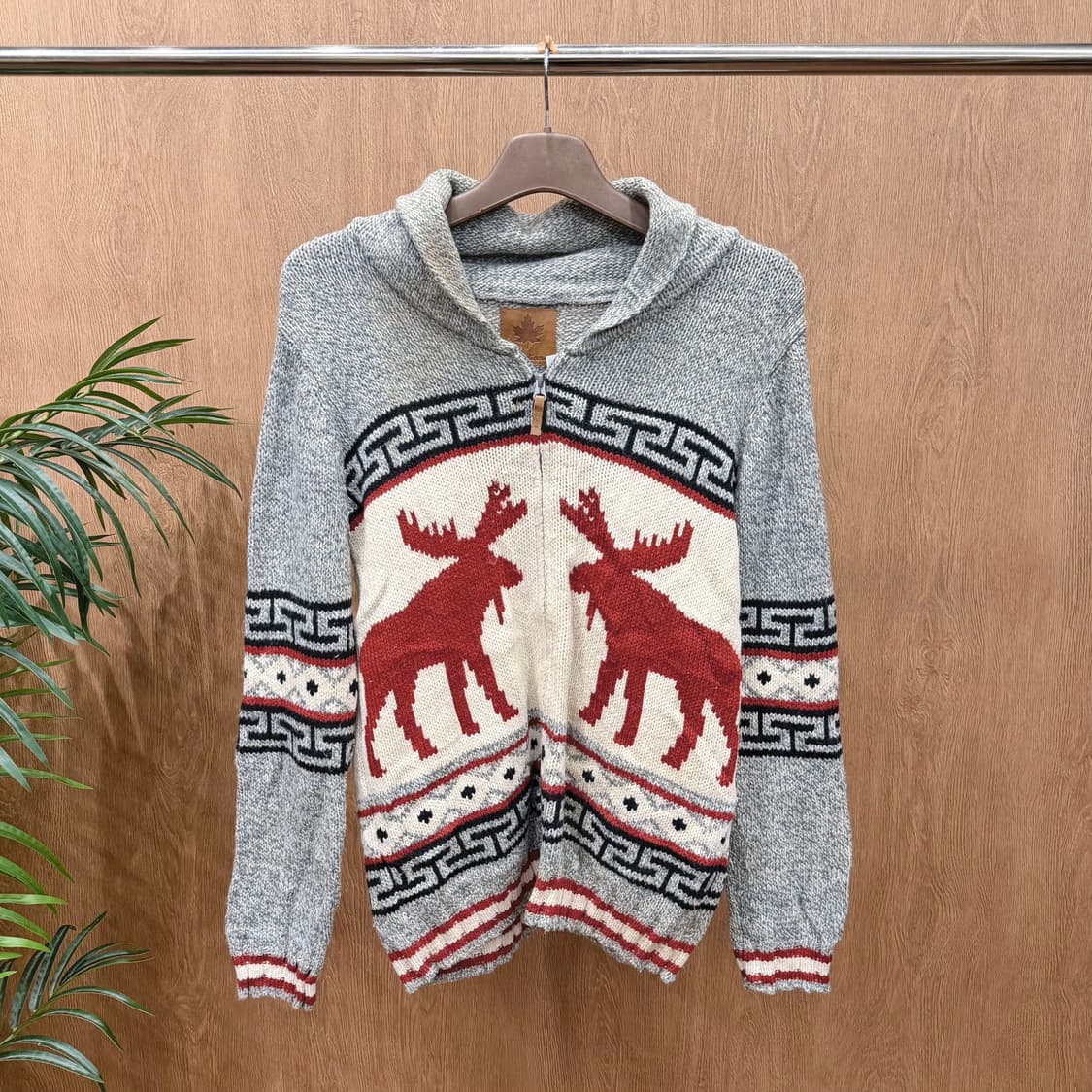 빈티지 니트 집업 가디건 순록 메이플 패턴 디테일 루즈핏 그레이 상품이미지1