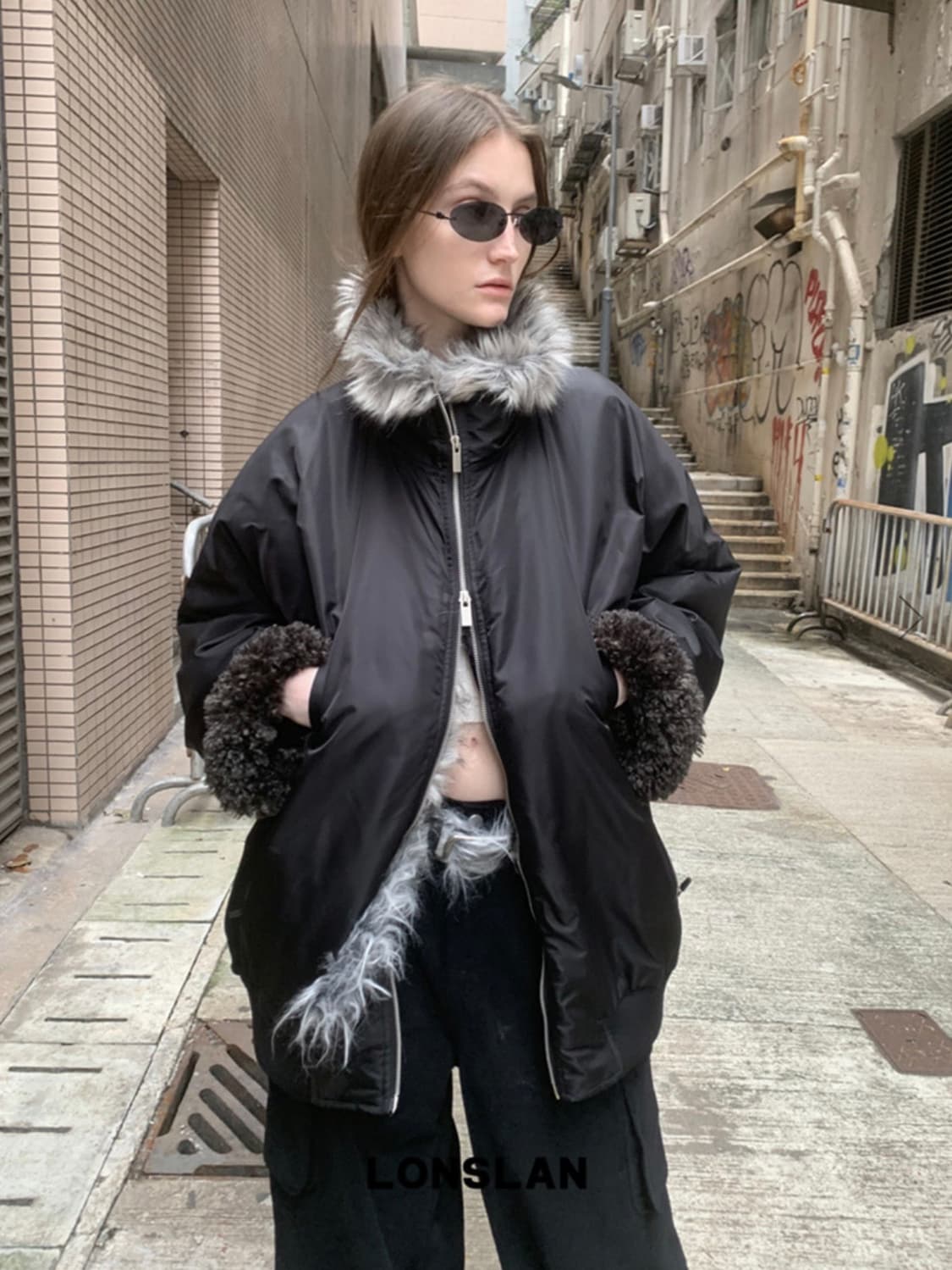 lonslan 하이넥 리버서블 퍼자켓 lamb wool 상품이미지1