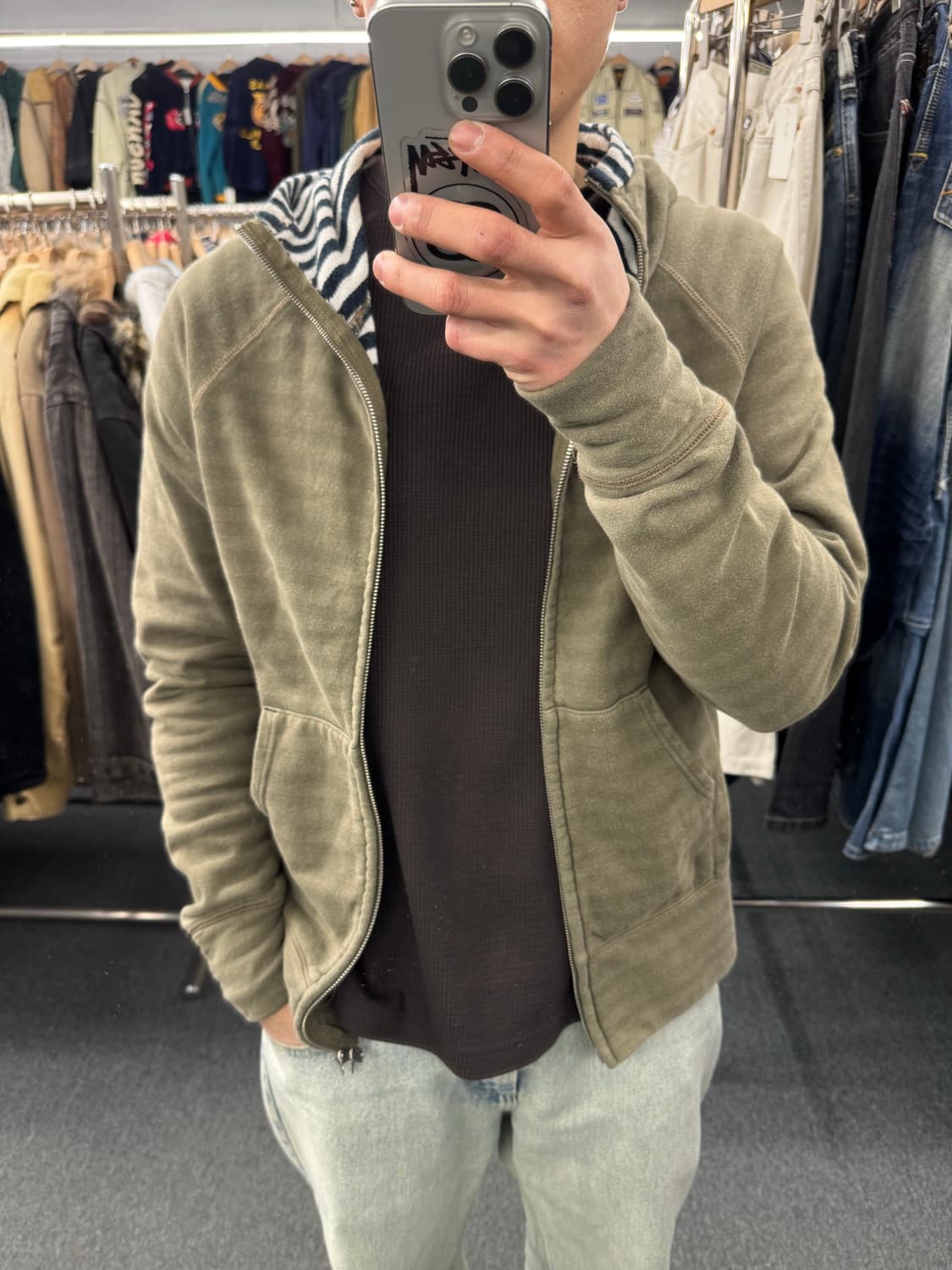 L)Real Thing 빈티지 스트라이프 포인트 올리브 후드집업 상품이미지1