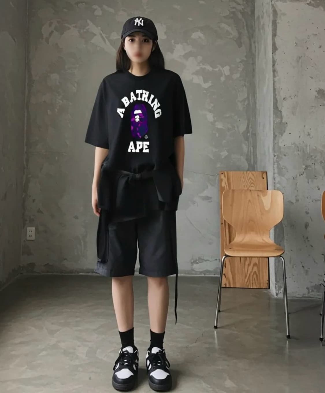베이프 카모 컬리지 티셔츠 블랙 퍼플 S 상품이미지4