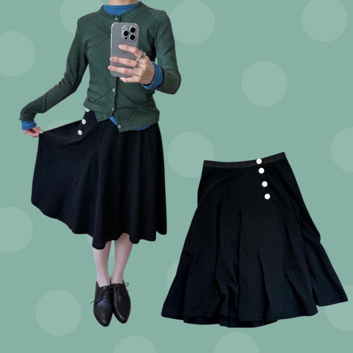 프렌치 시크 단추 포인트 절개 블랙 미디스커트 상품이미지1