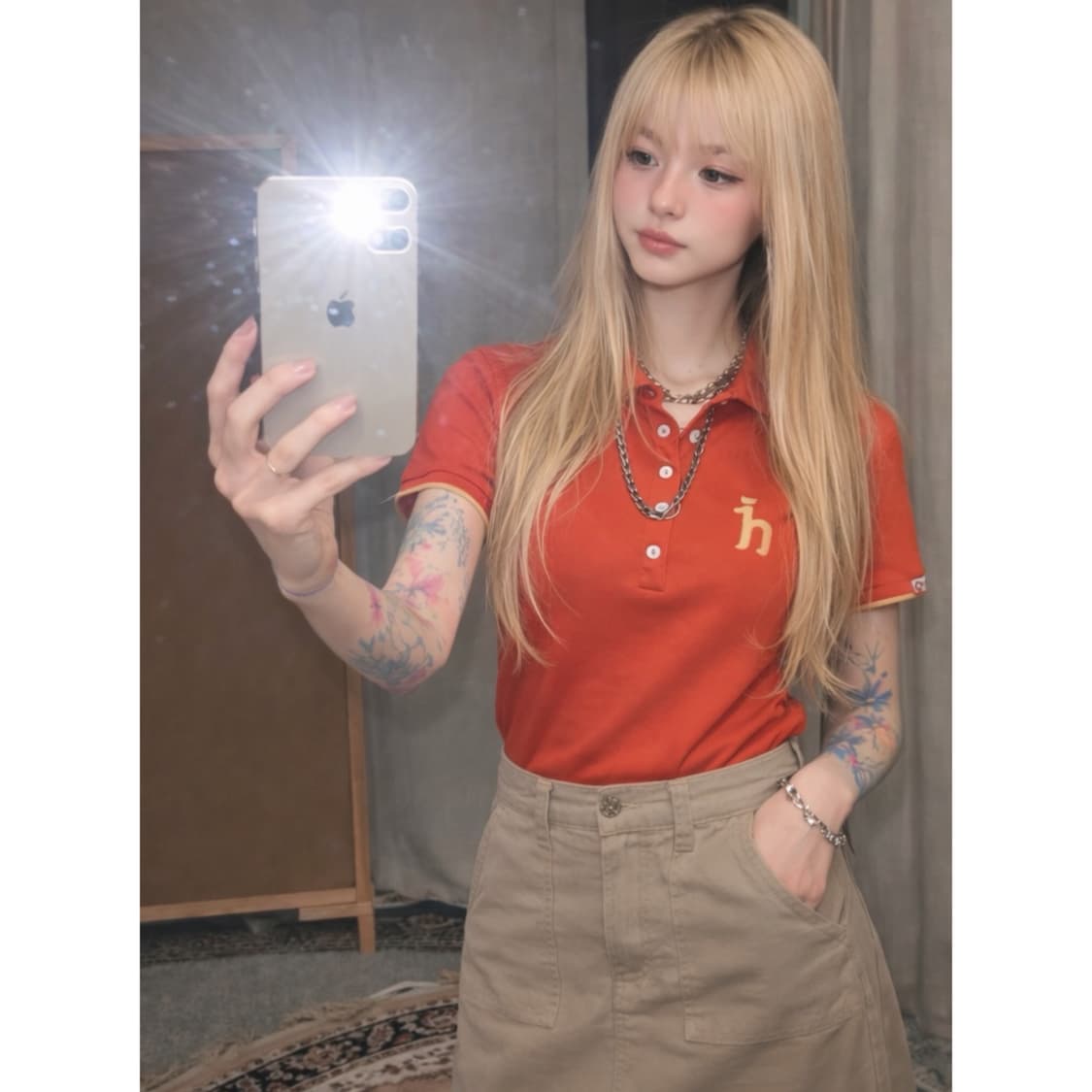 Red Collar Top + Beige Skirt Cody Set 상품이미지2