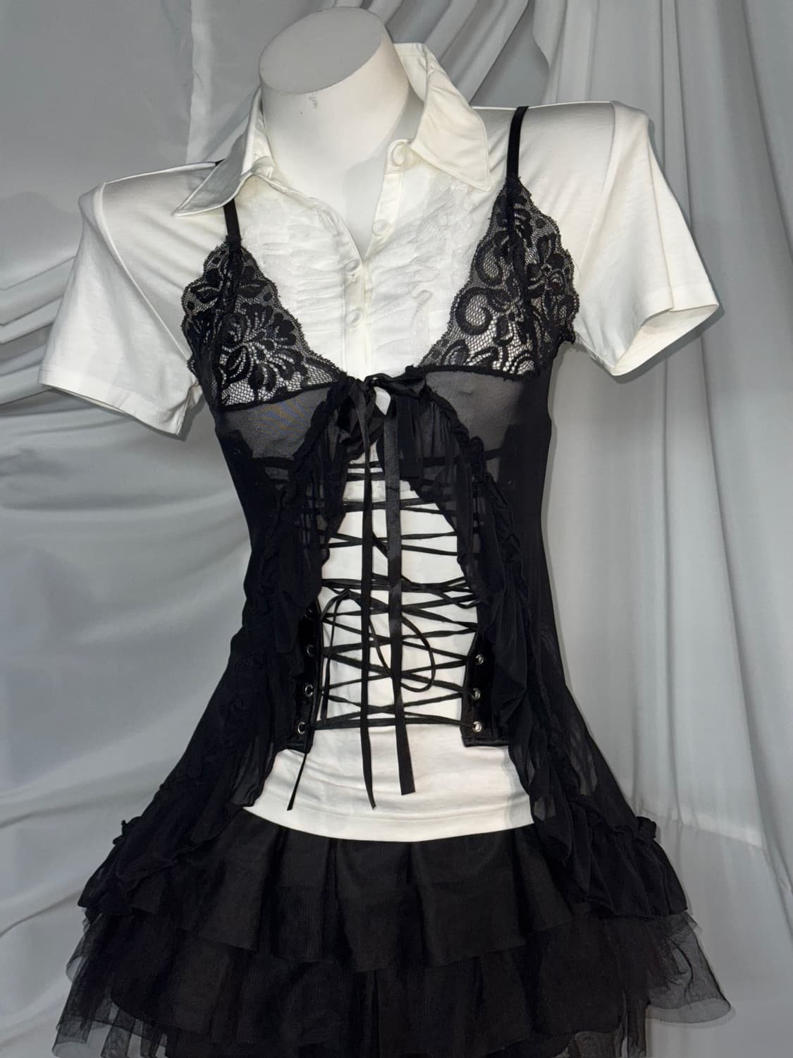 무채색 세라깔 코르셋 화이트 프릴 시스루 코디세트  상품이미지7