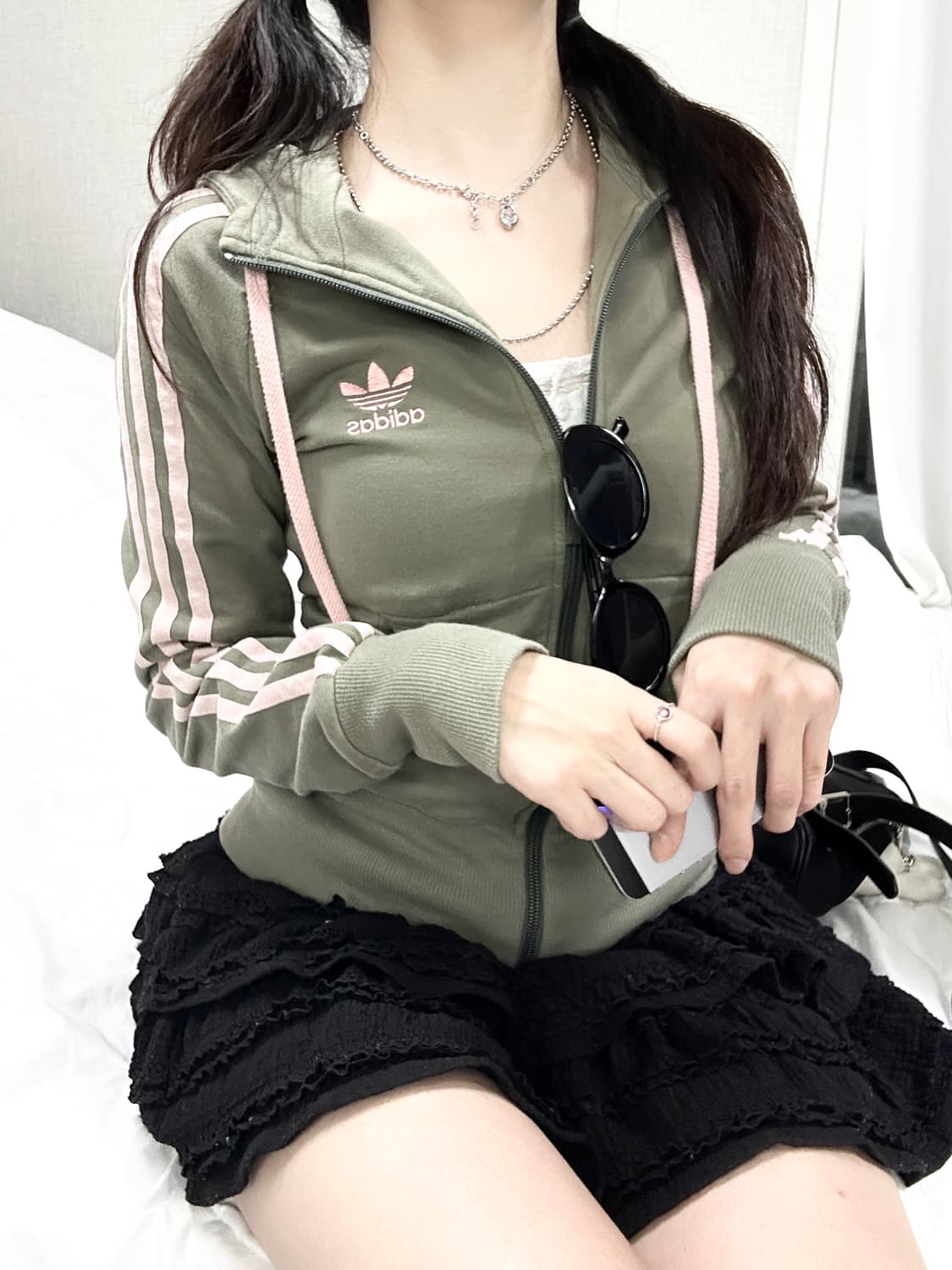 아디다스 빅로고 카키 핑크삼선 후드집업 상품이미지2