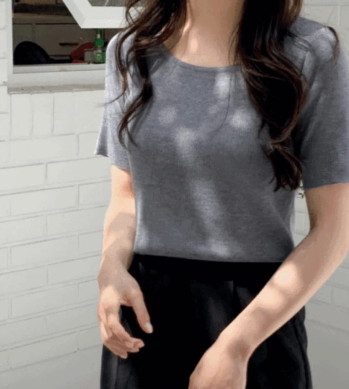 (미착용, 새상품) 98도씨 made. 페일 U넥 골지 반팔니트 데님블루 상품이미지1