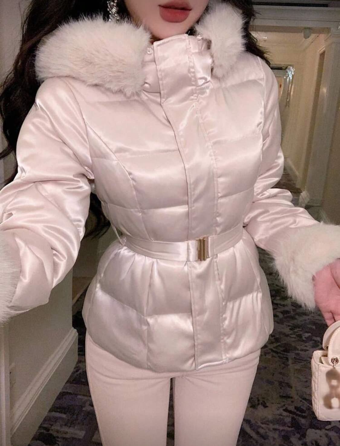 딸기우유 연핑크 퍼 패딩 벨트 세트 새상품 상품이미지3