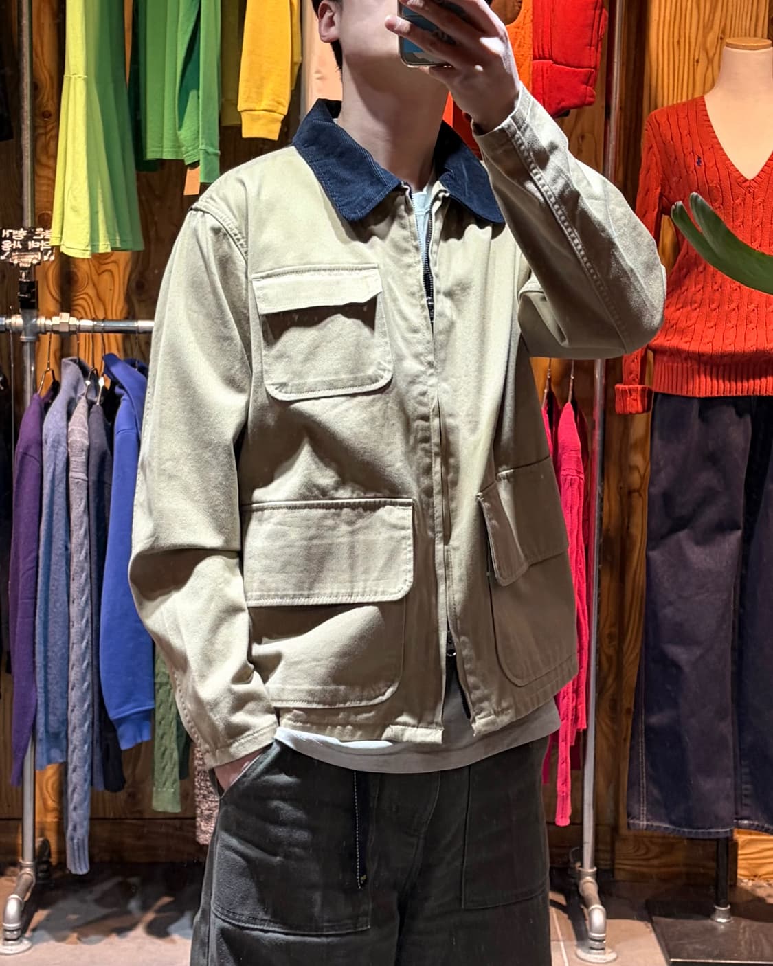 M 리바이스 3포켓 배색 코튼 베이지 집업 블루종 상품이미지1