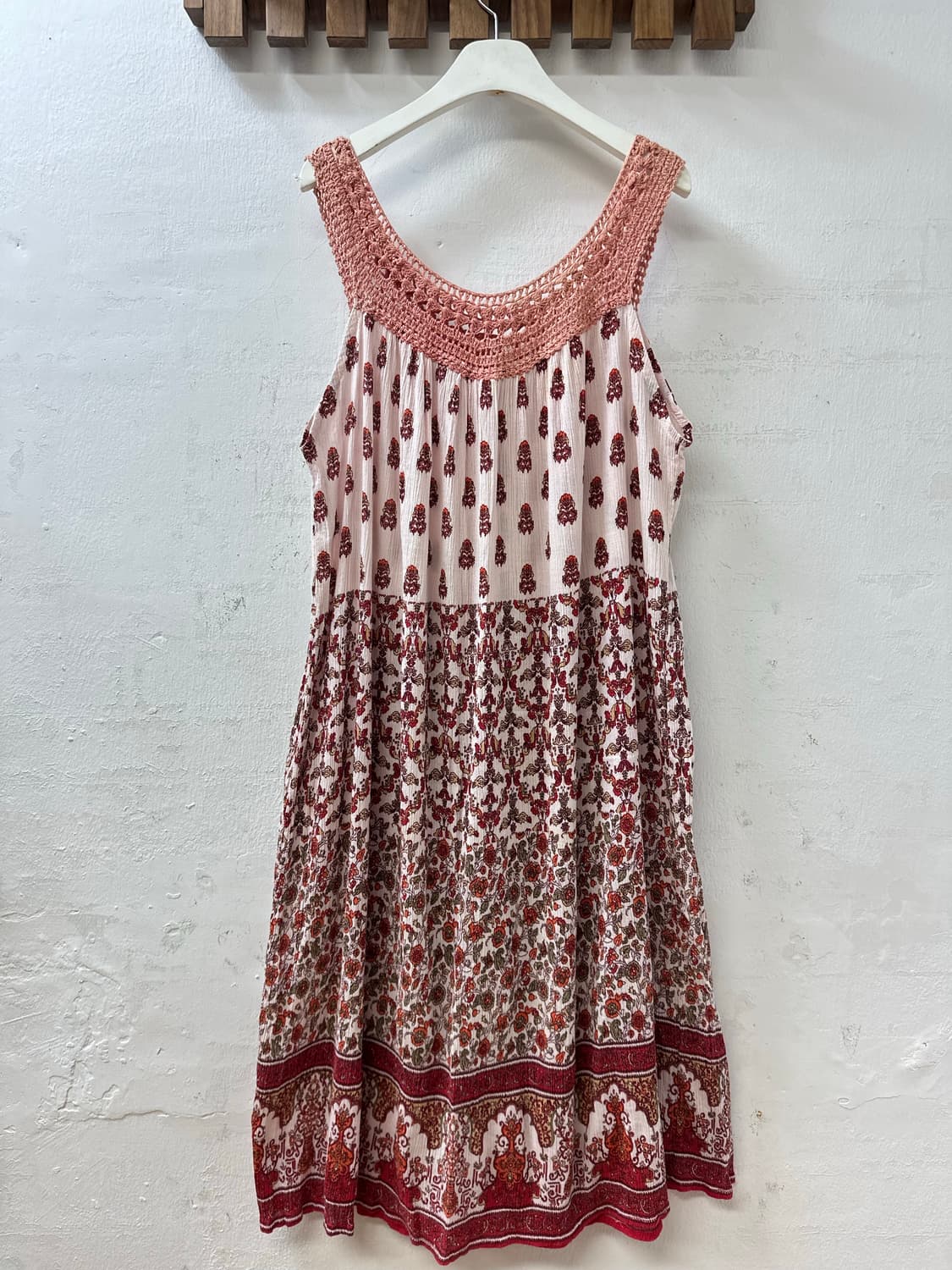 인디아 코튼100 아사면 크로셰 요크 보더 패턴 A라인 슬리브리스 원피스 상품이미지6