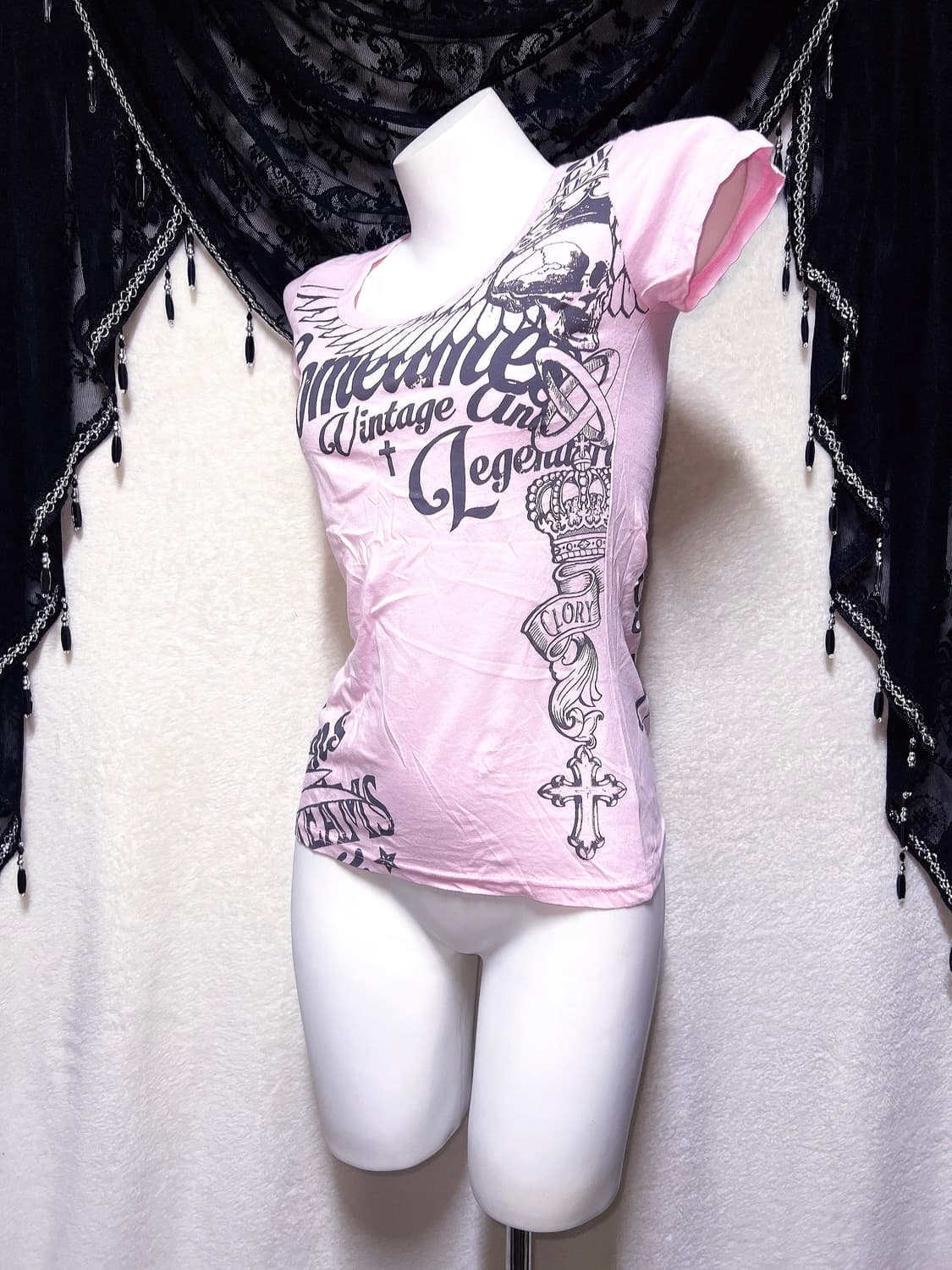 글리츠 glitz y2k 펑크 갸루 날개 윙 해골 레터링 프린팅반팔 핀터 상품이미지7