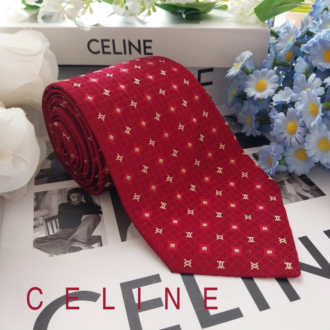셀린느 실크 와인 트리오페 자카드 넥타이 9.2cm A+등급 K1560
 상품이미지1
