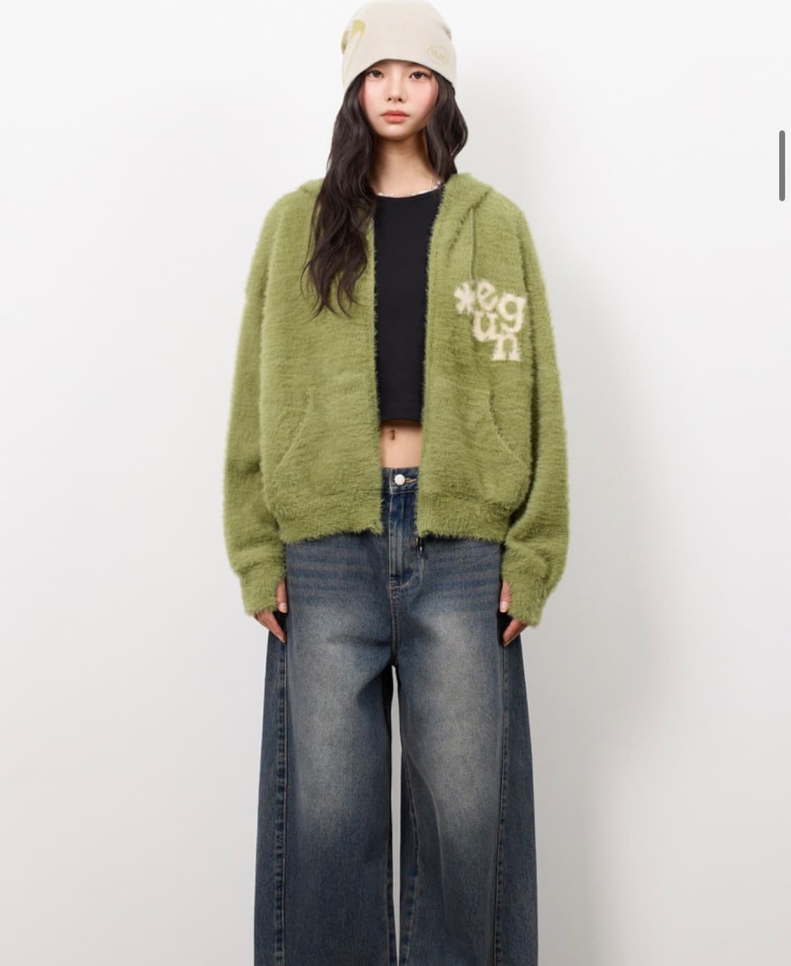 [유젠] EUG 헤어리 니트 후드 집업 (Green/사이즈2) 상품이미지3
