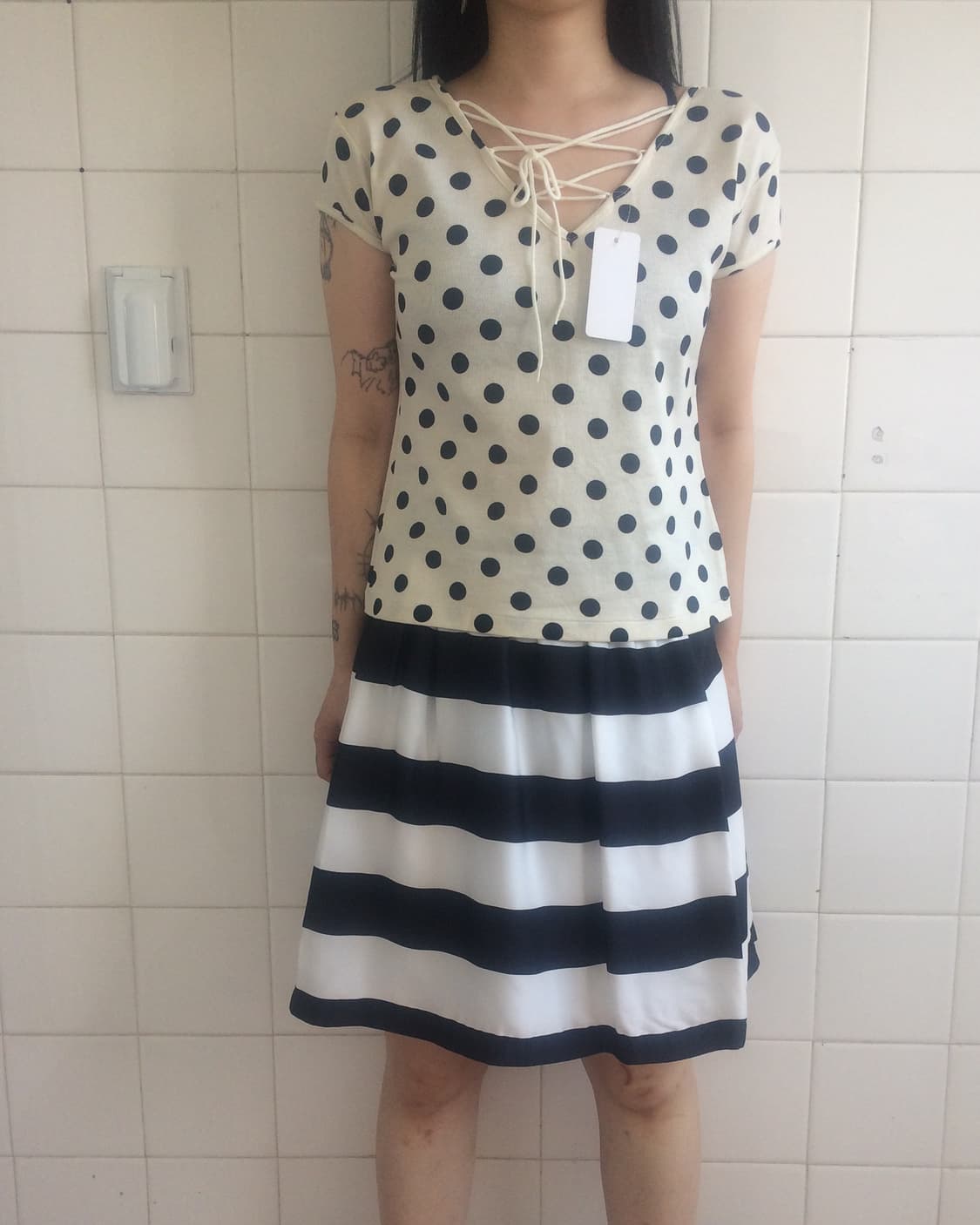 Lace up point dot pattern t shirt 상품이미지6
