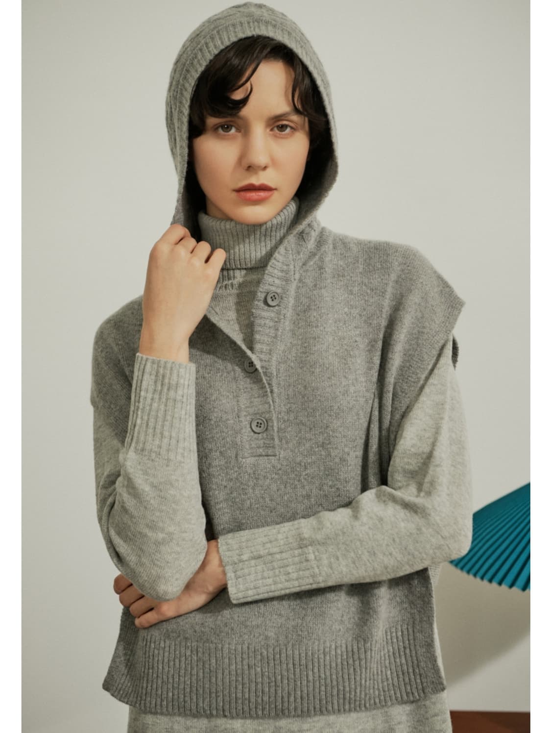 LE TROIS 반버튼 캐시미어혼방 울 후드 베스트 (M) 상품이미지6