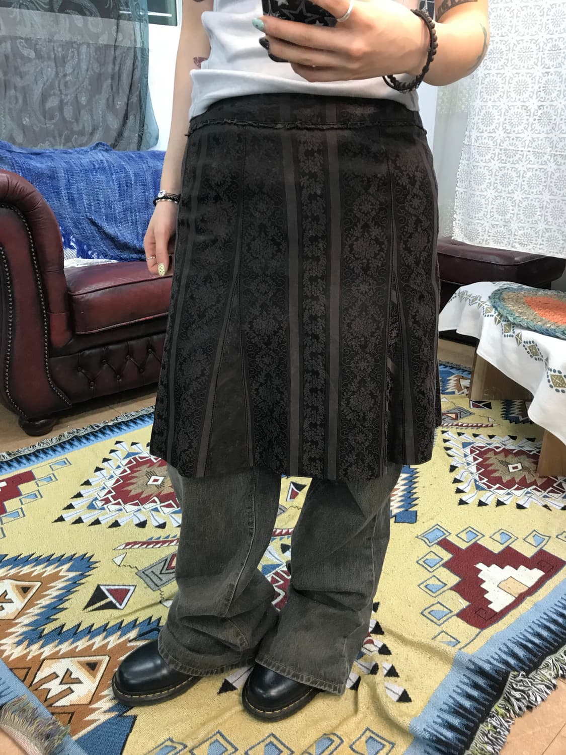 빈티지 절개 플라워패턴 브라운 미디스커트 상품이미지1