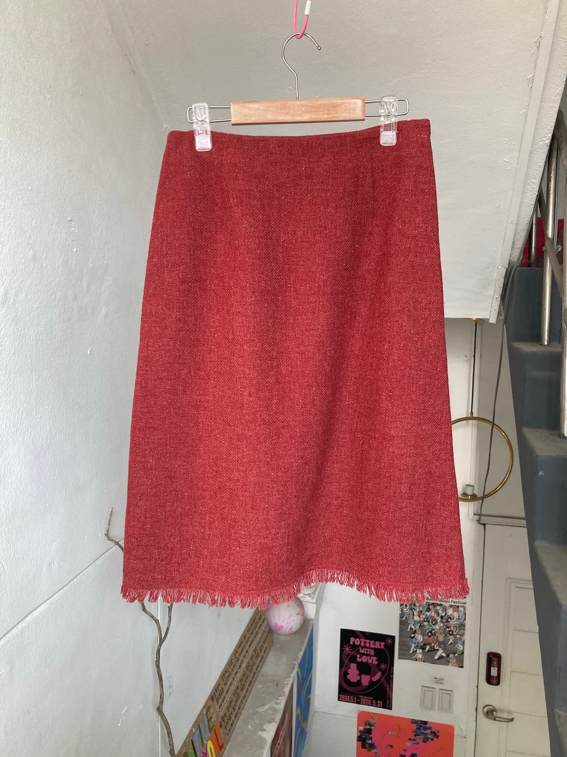 울 프린지 버건디 미디 스커트 상품이미지1