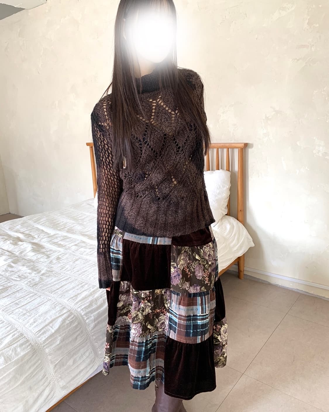 Brown velvet patchwork midi skirt 상품이미지6