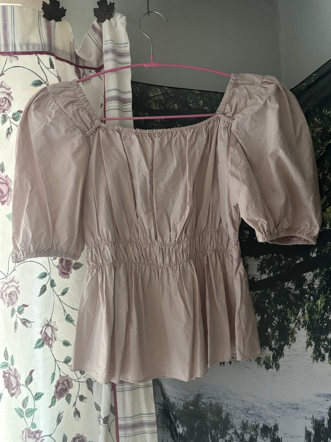 퍼프 블라우스 스모크 허리 인디핑크 빈티지 모리걸 상품이미지2