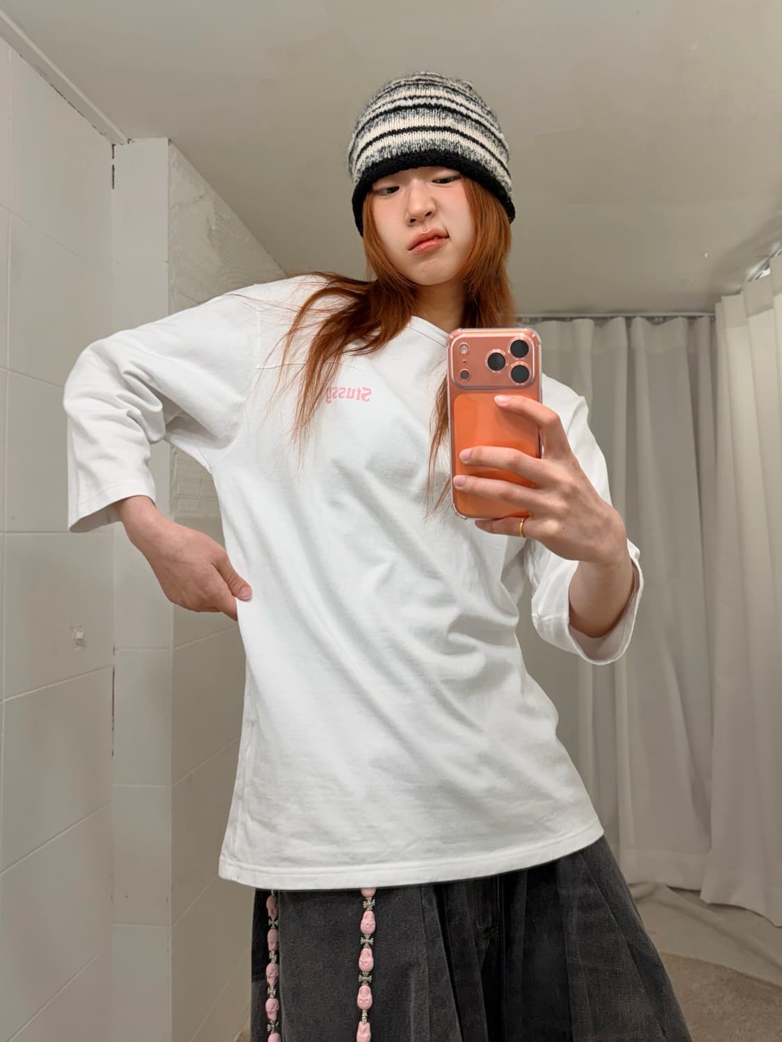 스투시 핑크 로고 7부 티셔츠 상품이미지3