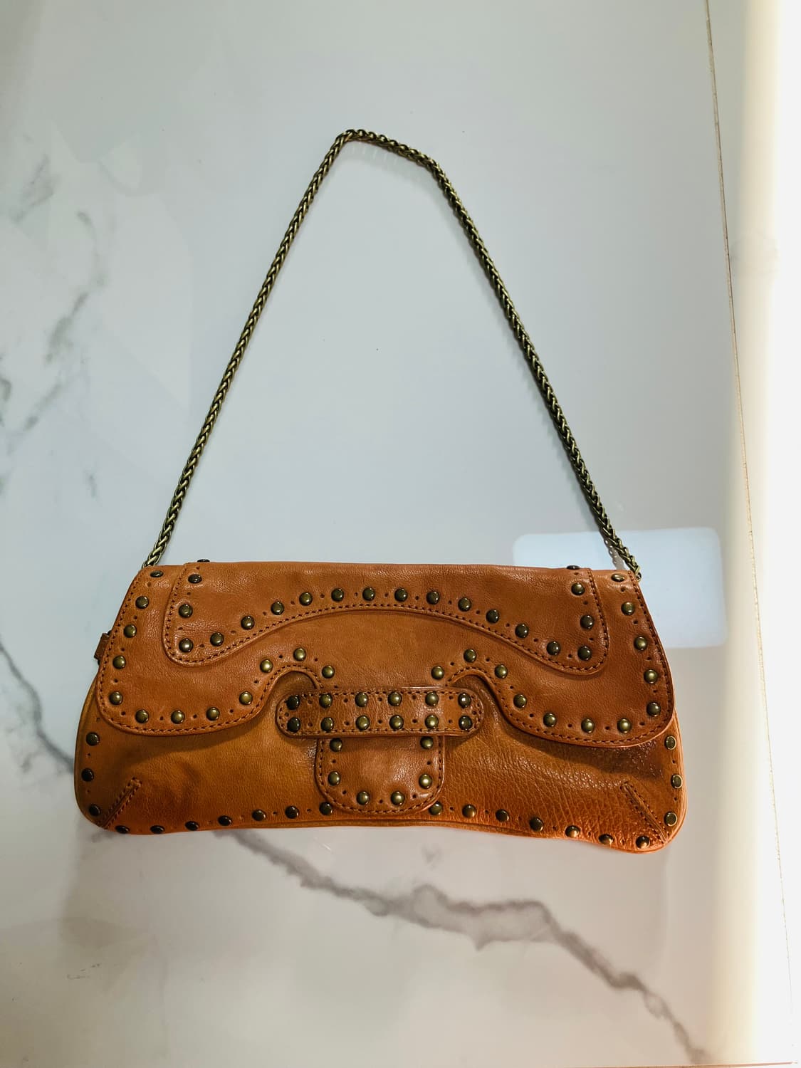 Y2K 쿠바 스터드 가죽 가우초 체인 미니백 클러치 브라운 상품이미지1