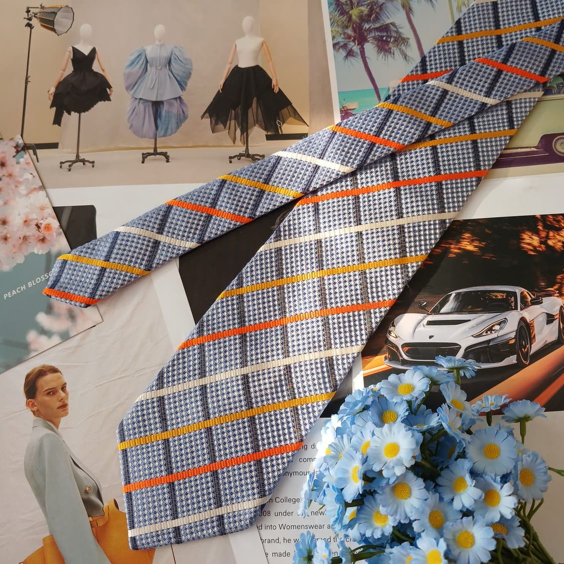 아쿠아스큐텀 실크 스카이블루 체크 넥타이 9.9cm A+등급 A19399 상품이미지5