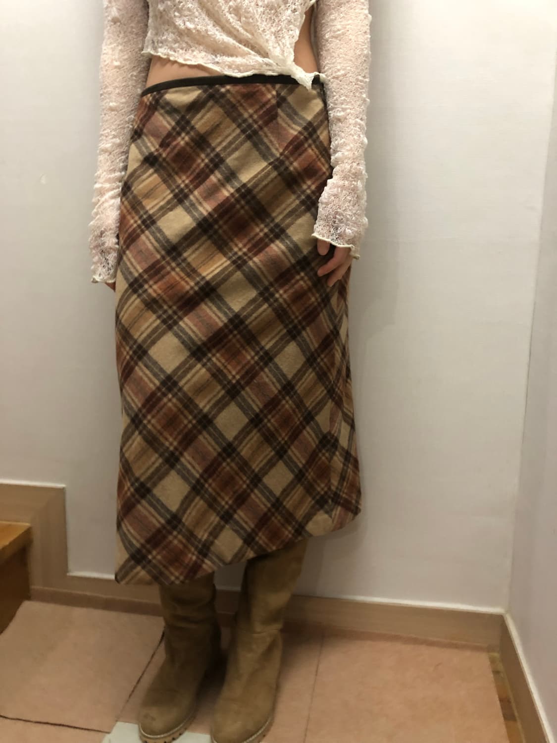 빈티지 브라운 울 체크 스커트 상품이미지6
