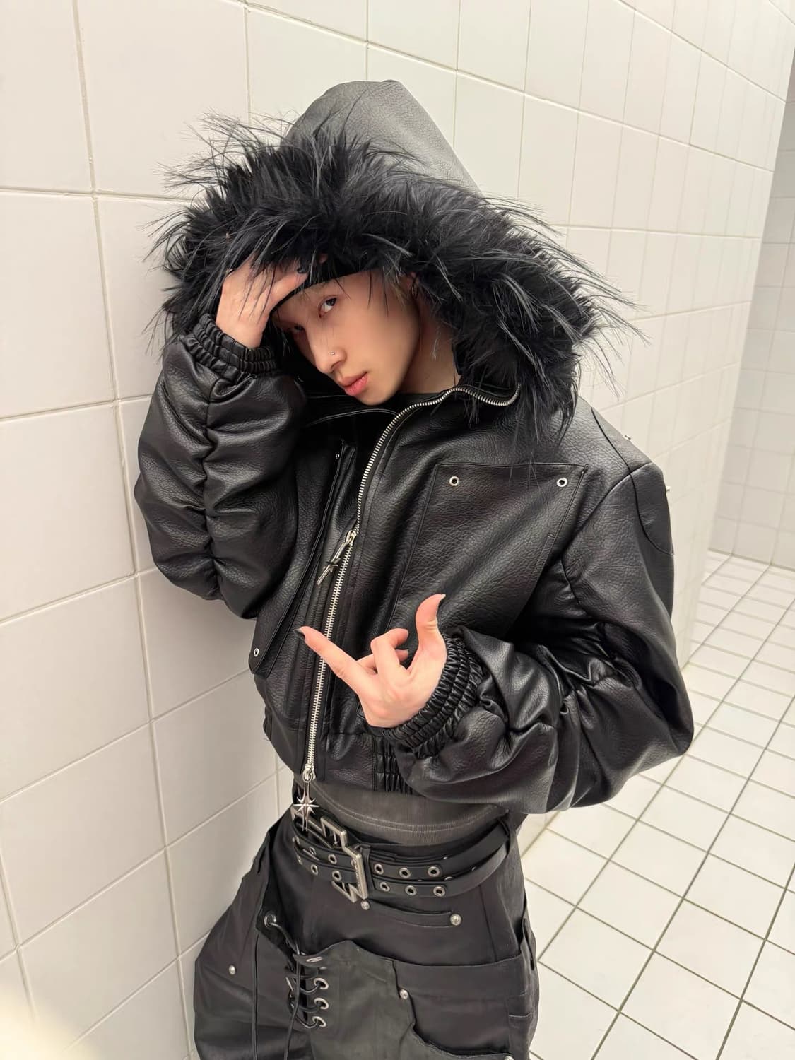 Opium Dark Leather Fur Bomber 상품이미지1