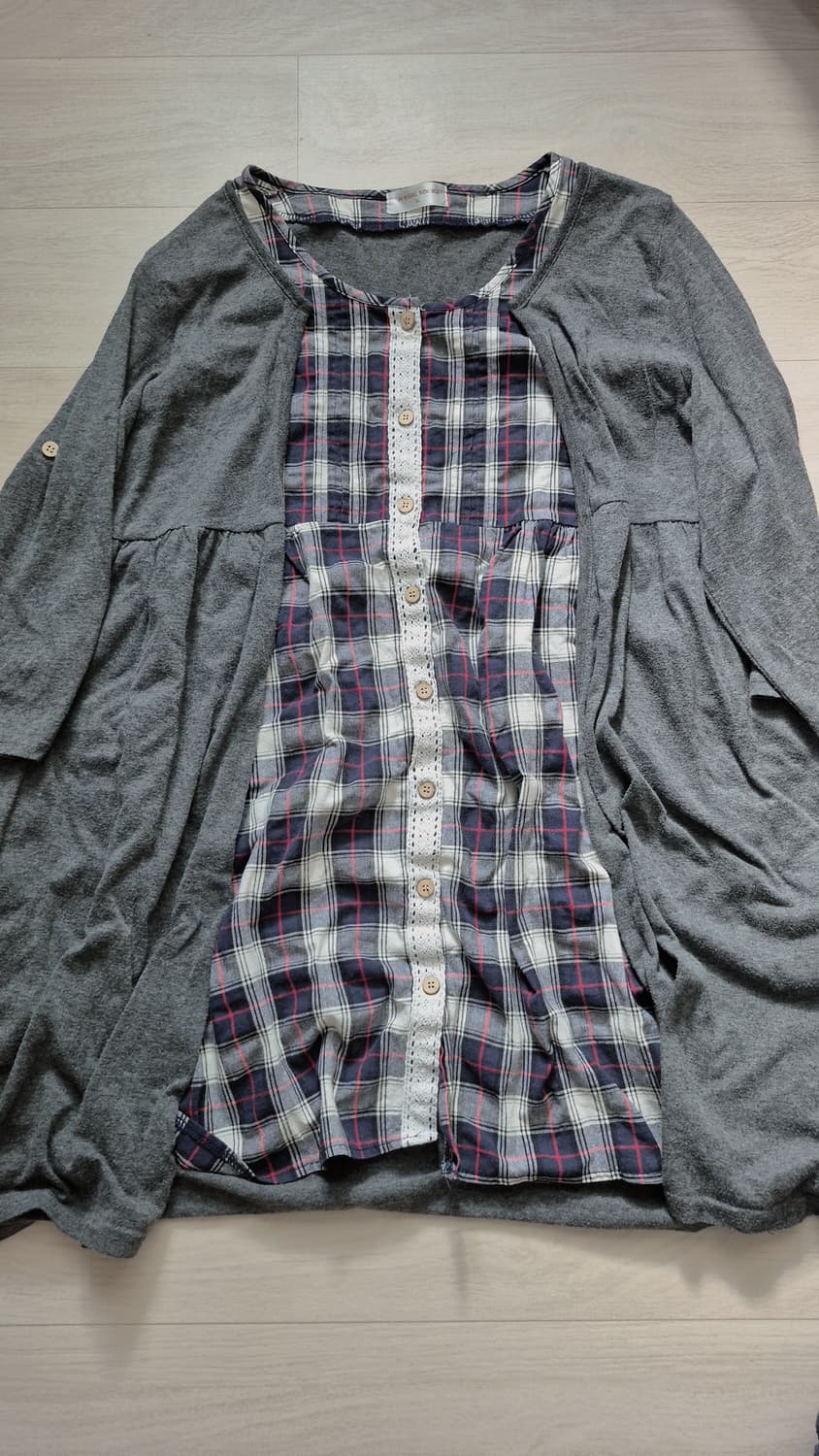일본빈티지 모리걸 차콜 체크 레이어드 가디건 바선생 상품이미지1