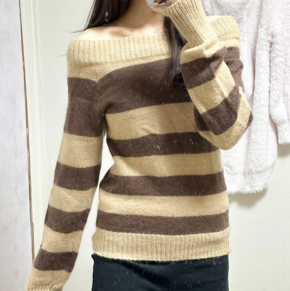빈티지 세실맥비 스트라이프 오프숄더 니트 티셔츠 오네갸루 로걀 라떼 히메 상품이미지1