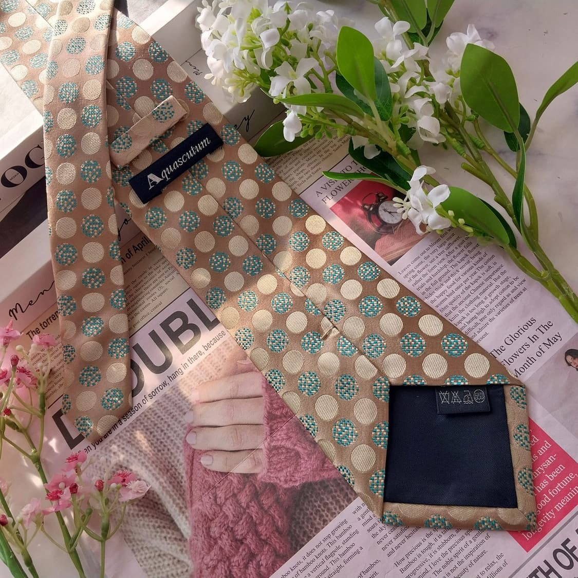 아쿠아스큐텀 실크 베이지 도트 패턴 넥타이 9.2cm A+등급 K1957 상품이미지5