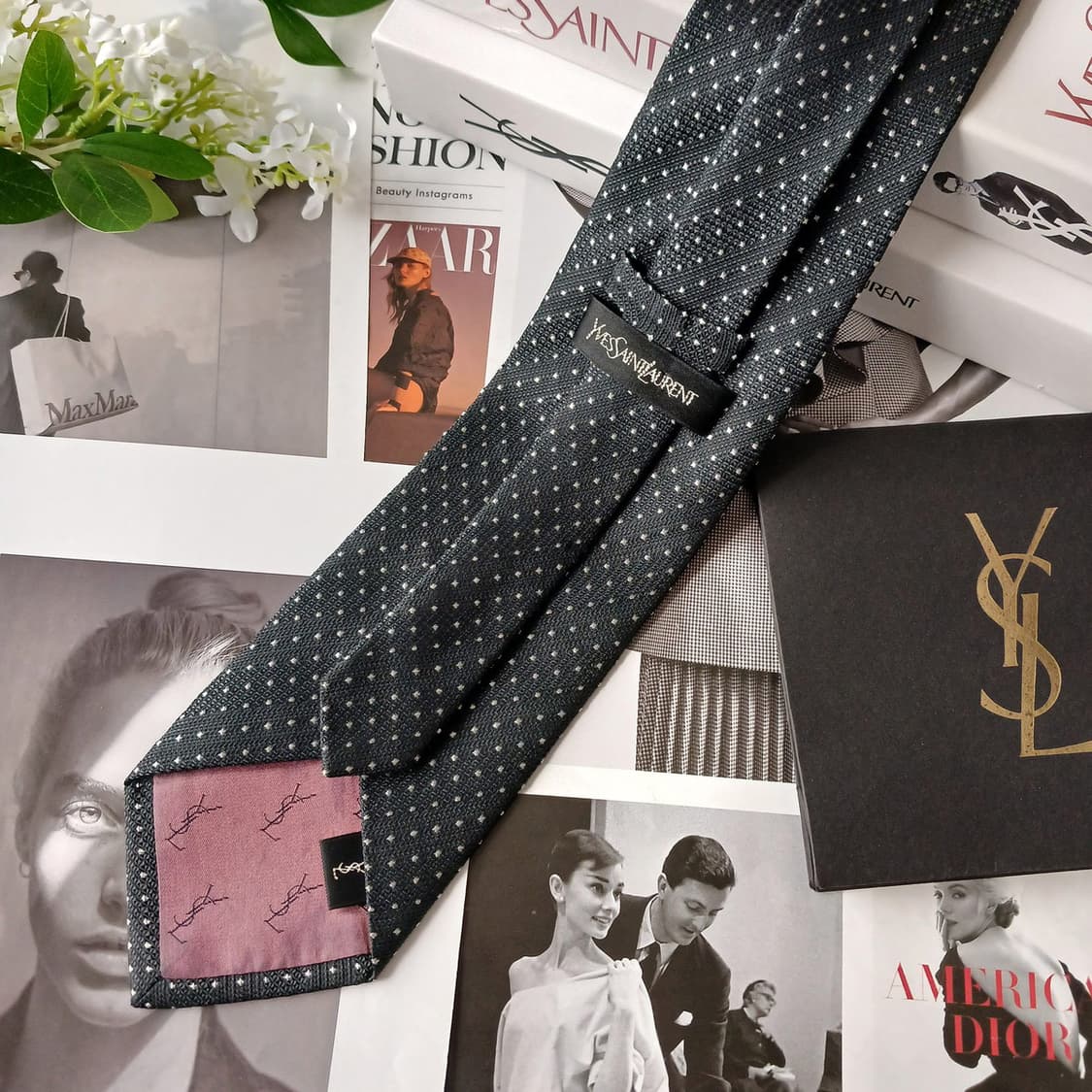 입생로랑 넥타이 블랙 자수 도트 패턴 9.4cm A+~A등급 A19873 상품이미지5