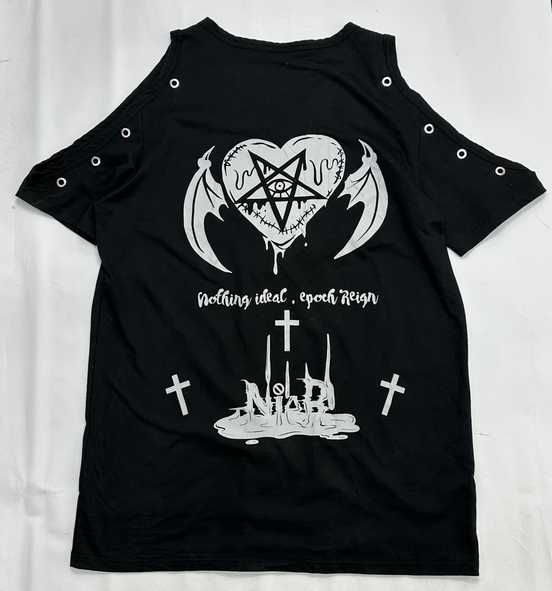 ⛓️지뢰계 펀칭 펑크 롱 반팔 티셔츠 ⛓️쇠맛 원피스 고스 펑크 락  상품이미지3