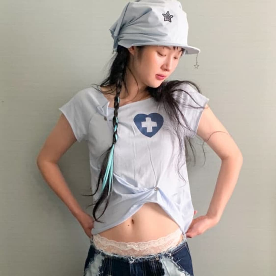 샵페어리 버튼 업 조디악 하프 티셔츠 반팔 스카이 블루 상품이미지1