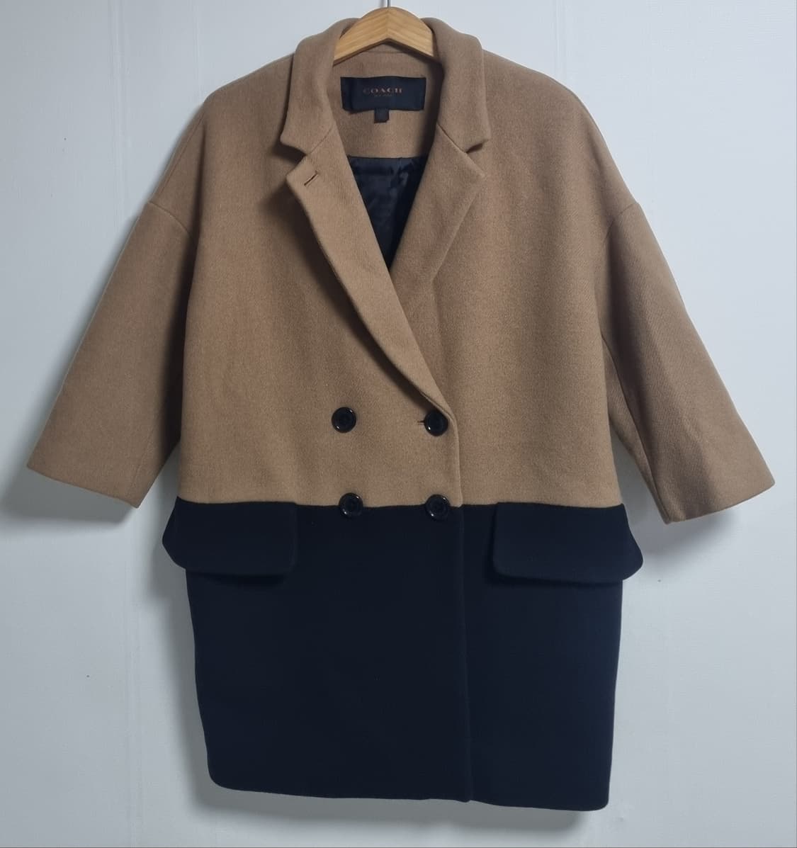 실측 오버핏 S (55) COACH 코치 연브라운+블랙 7부 코트 상품이미지1